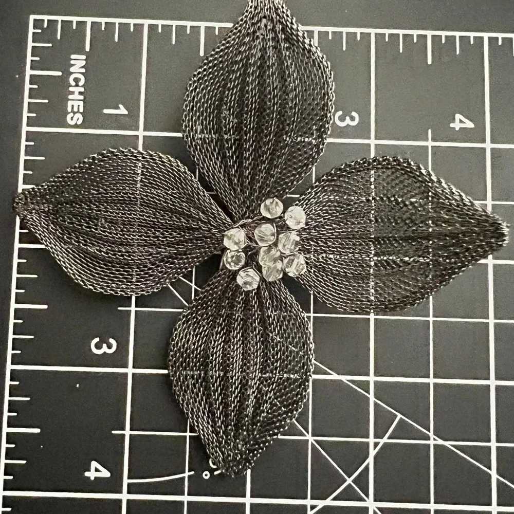 Vtg Black Metal Mesh Flower Hair Clip Beaded Center 4 Inch Whimsigoth